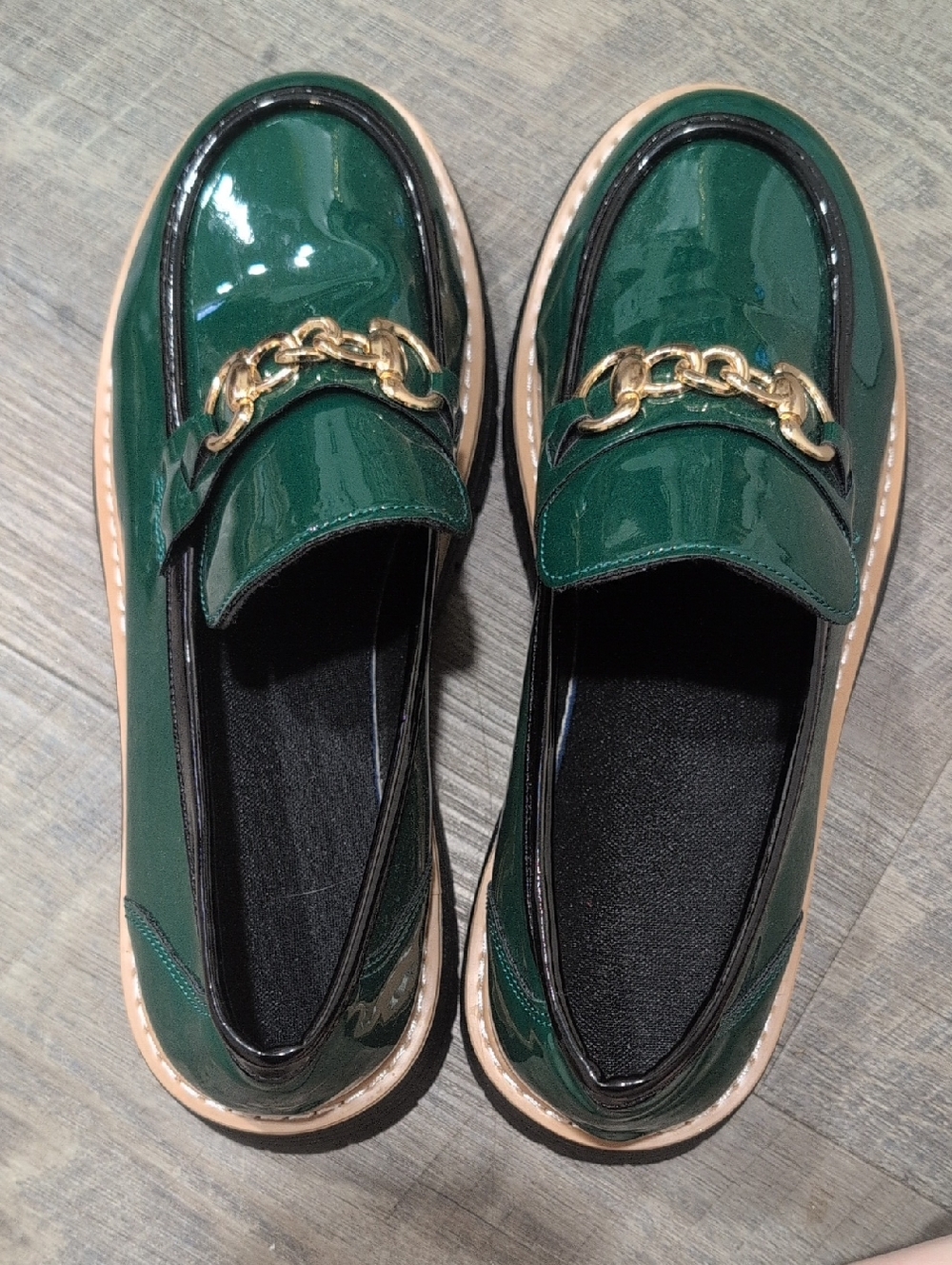 Green Patent Loafers with Gold Chain Accent